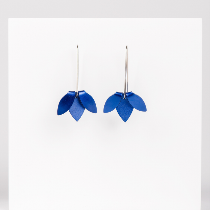 Minimalist Dangle Earrings featuring blue aluminium folded flower shape