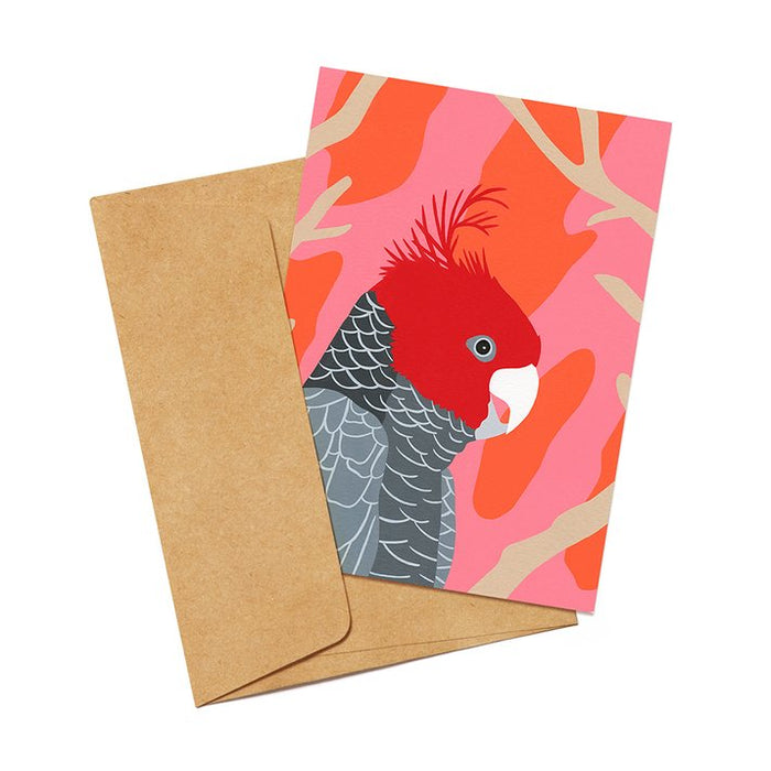 Gift card featuring an illustration of a Gang-Gang Cockatoo and a brown envelope