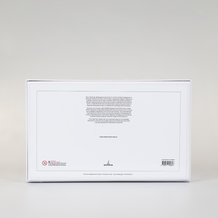 back cover of a white jigsaw puzzle box featuring a lego version of the senate chamber