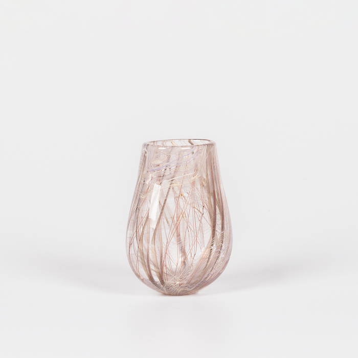 Miniature rounded glass vessel with intricate brown swirl design