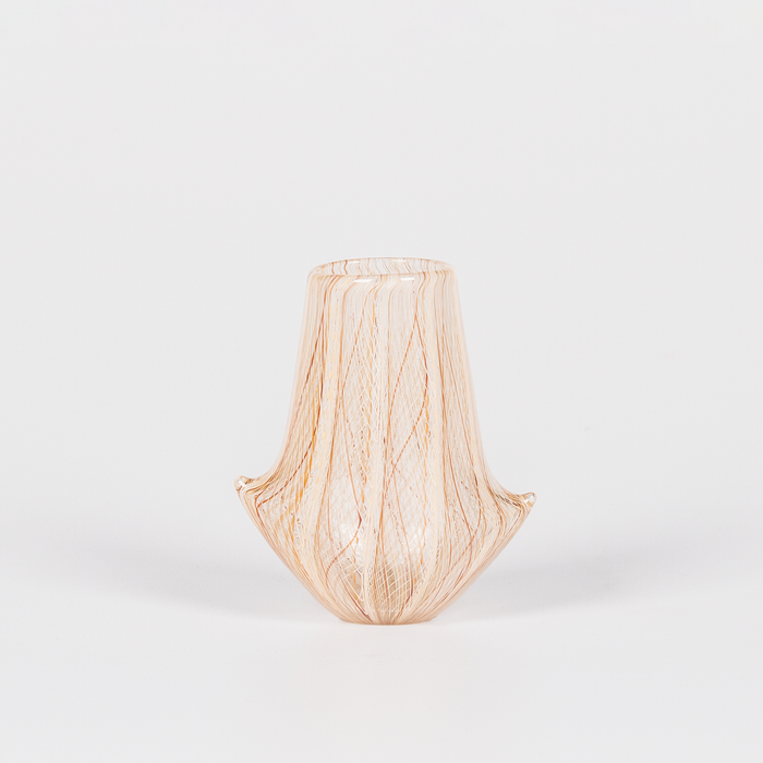Miniature glass vessel with intricate brown and orange swirl design