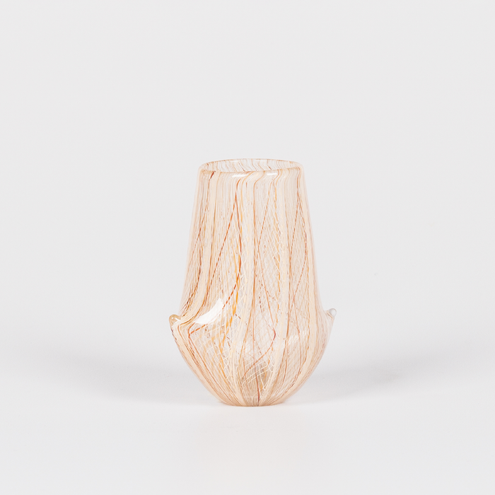 Miniature glass vessel with intricate brown and orange swirl design
