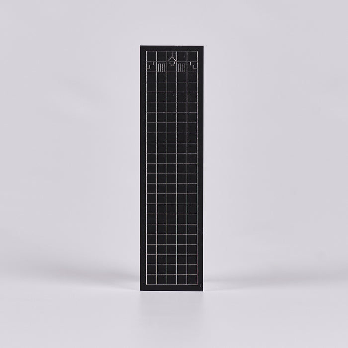 Black bookmark with a geometric grid and logo in the shape of Parliament House.