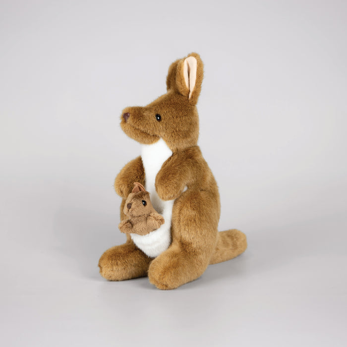 Brown and white plush kangaroo toy with a joey in its pouch.