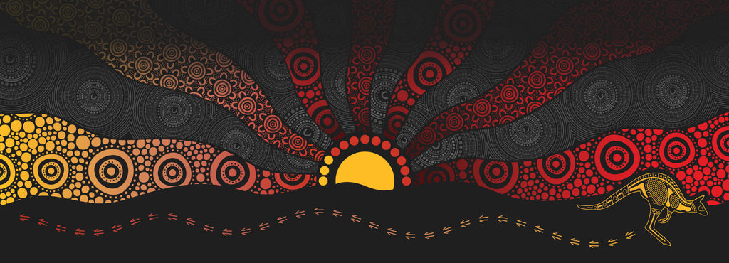 Indigenous digital artwork of a sun rising and a kangaroo.