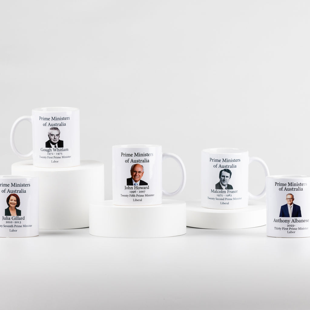 White ceramic mug with a photo of Anthony Albanese.