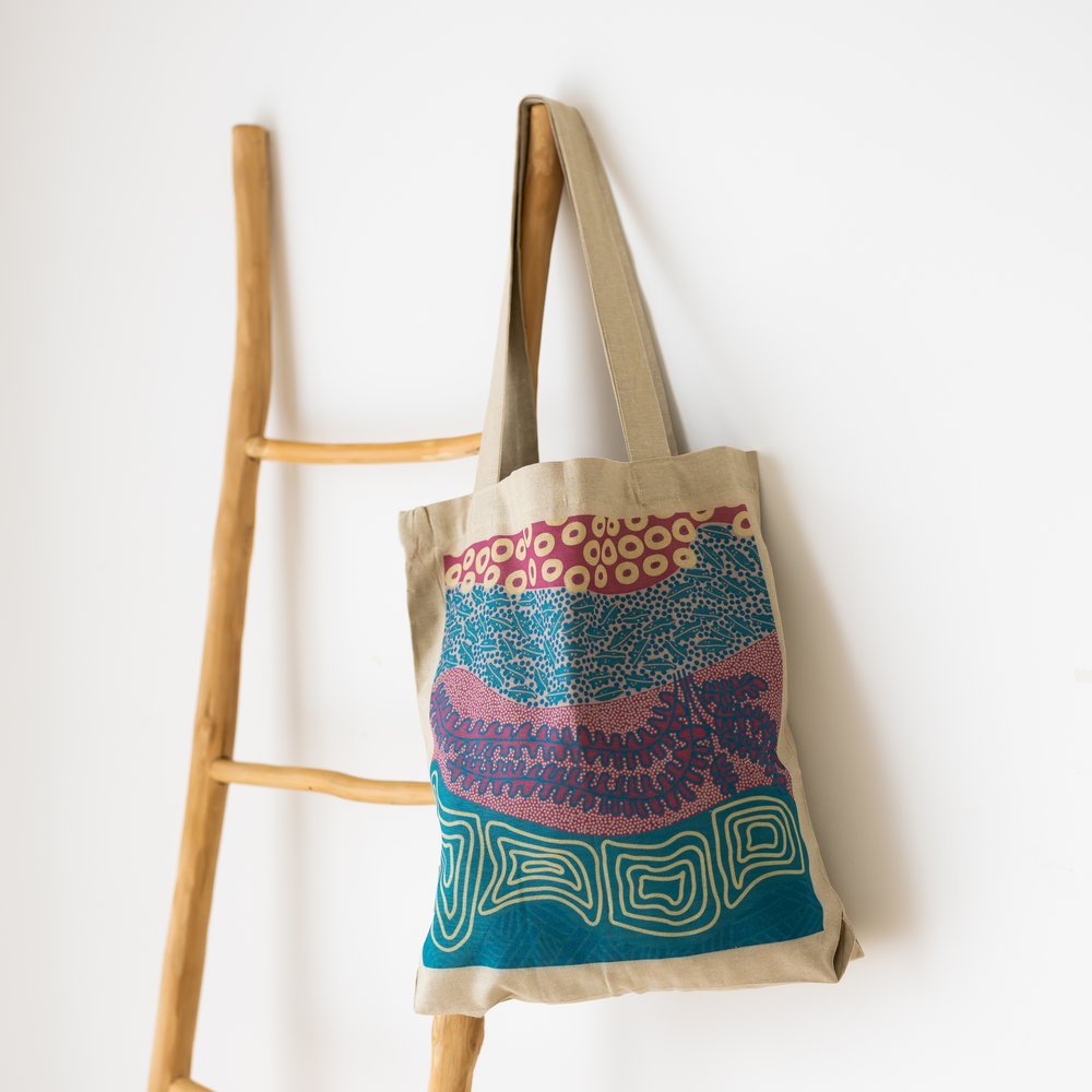 Tote bag hanging from a ladder