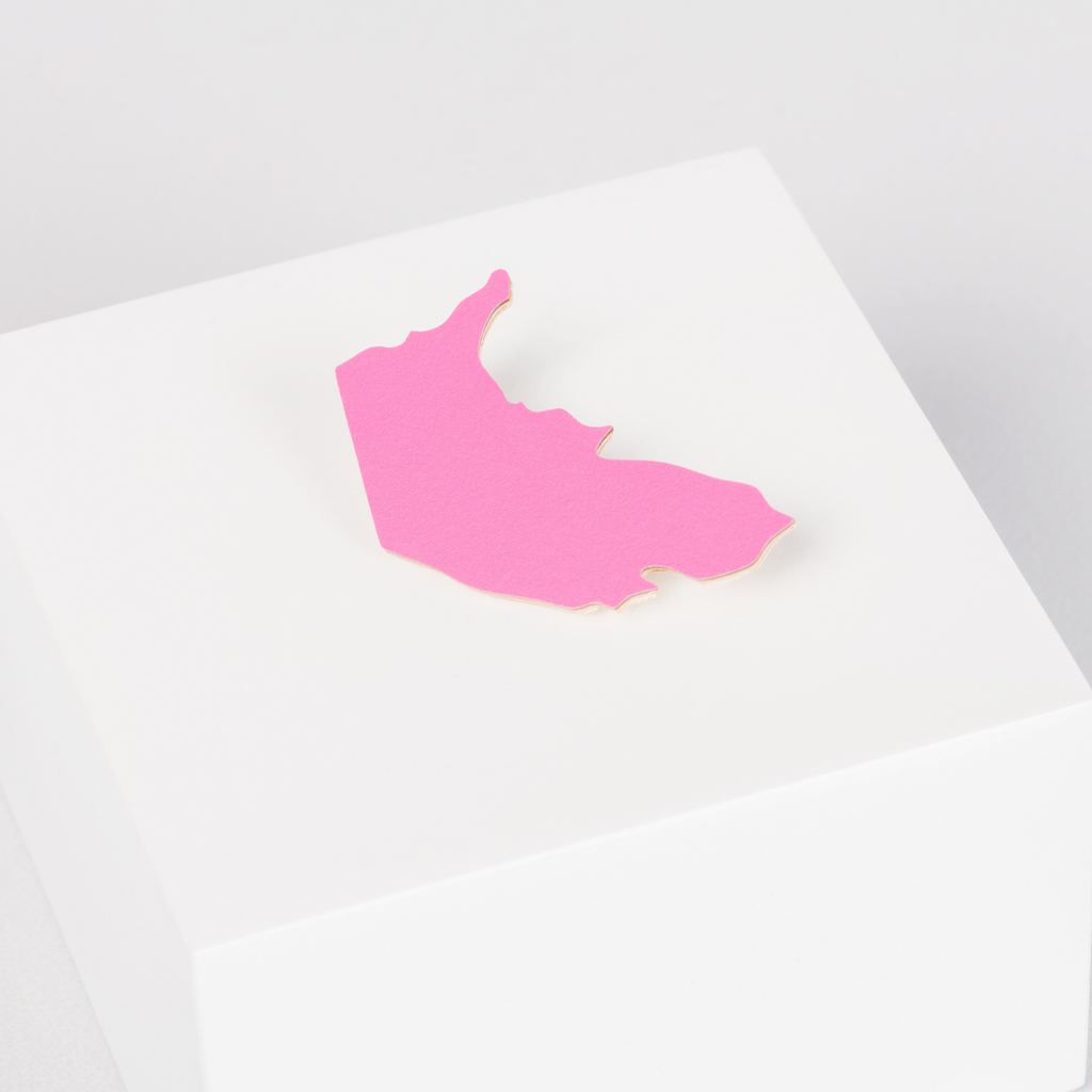 Wooden pink brooch in the shape of the Australian Capital Territory 