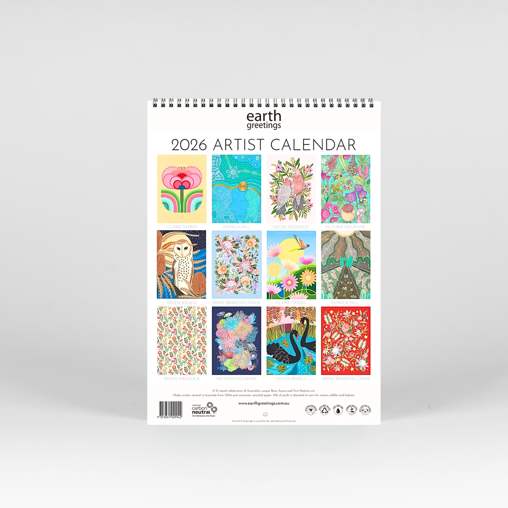 2026 Artist Calendar by Earth Greetings with colorful designs on a white background