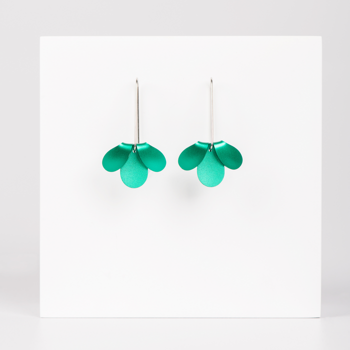 Minimalist Dangle Earrings featuring green aluminium folded flower shape