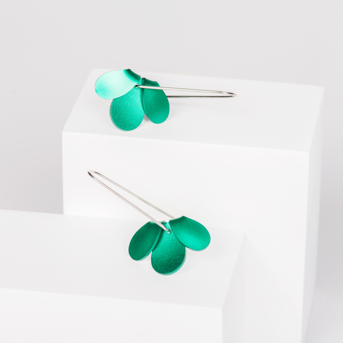 Minimalist Dangle Earrings featuring green aluminium folded flower shape