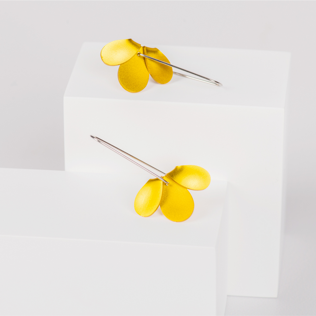 Minimalist Dangle Earrings featuring yellow aluminium folded flower shape