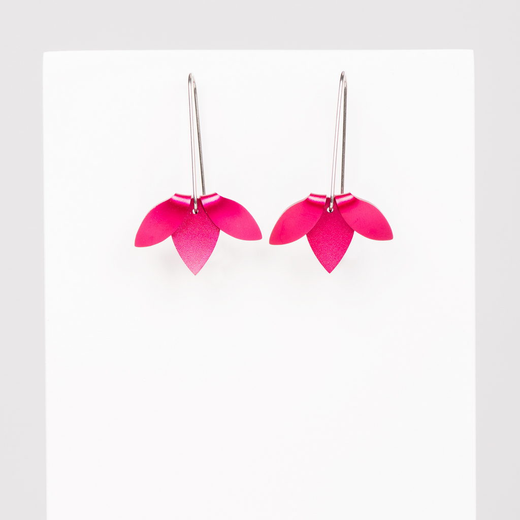 Minimalist Dangle Earrings featuring pink aluminium folded flower shape