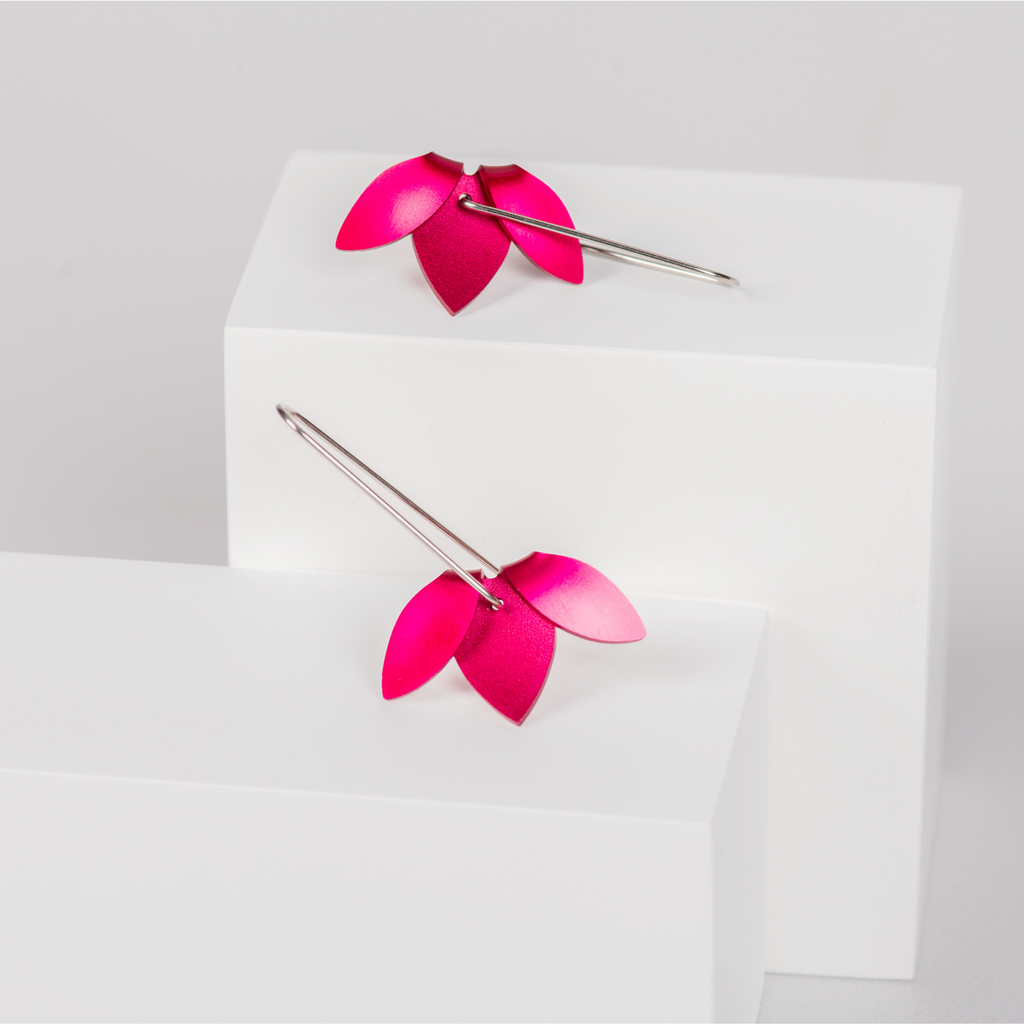 Minimalist Dangle Earrings featuring pink aluminium folded flower shape