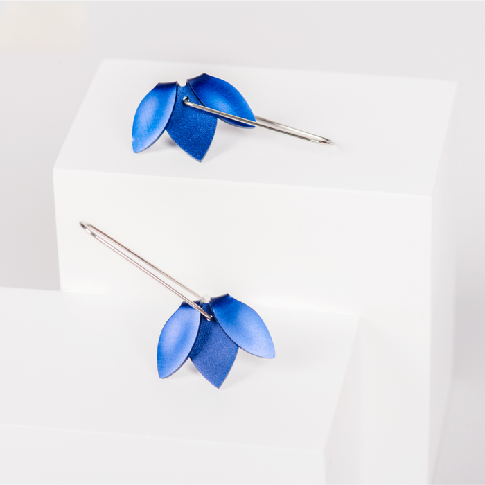 Minimalist Dangle Earrings featuring blue aluminium folded flower shape