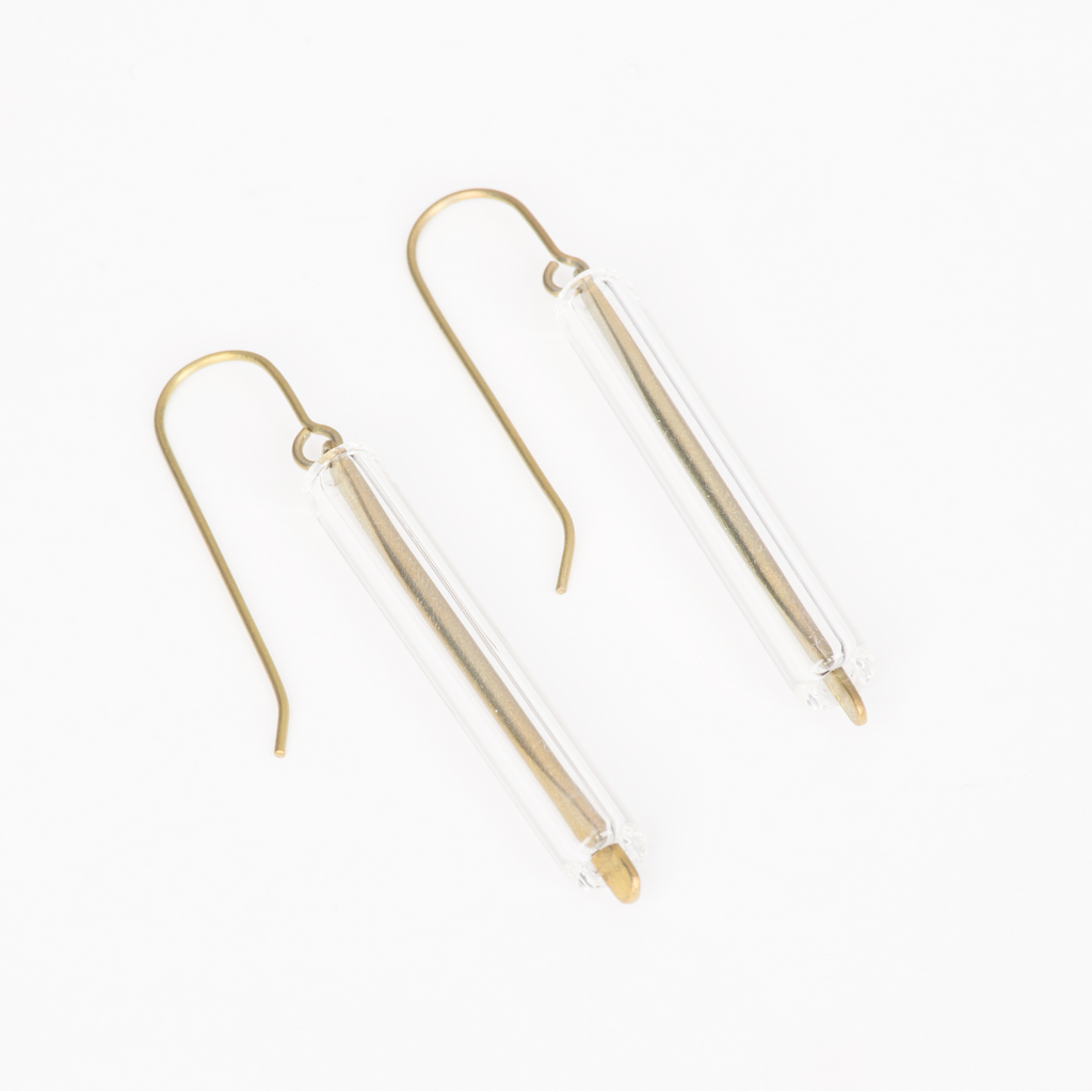 Dangle Earrings featuring glass tubes over gold titanium wire hooks.