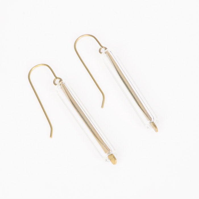 Dangle Earrings featuring glass tubes over gold titanium wire hooks.