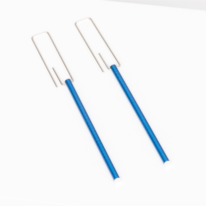 Minimalist stainless steel drop earrings featuring blue long bar