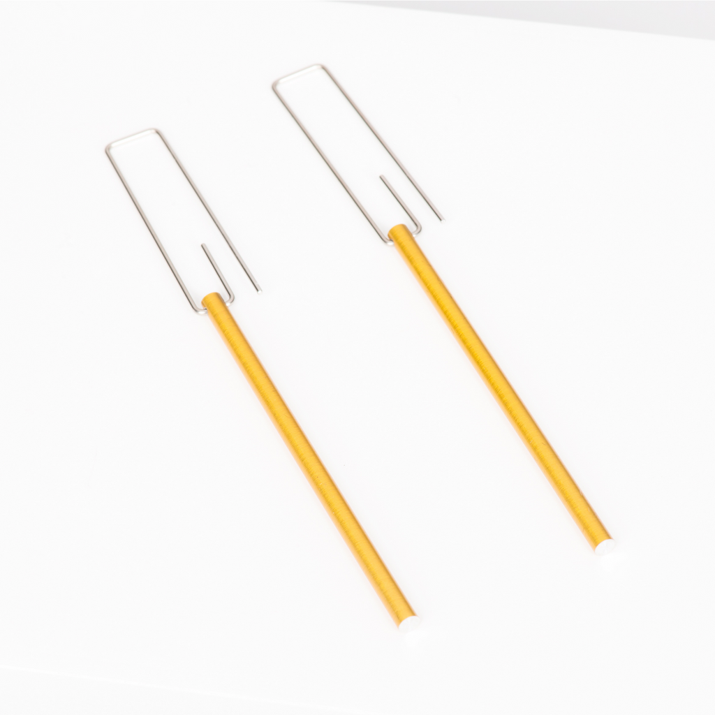 Minimalist stainless steel drop earrings featuring yellow long bar