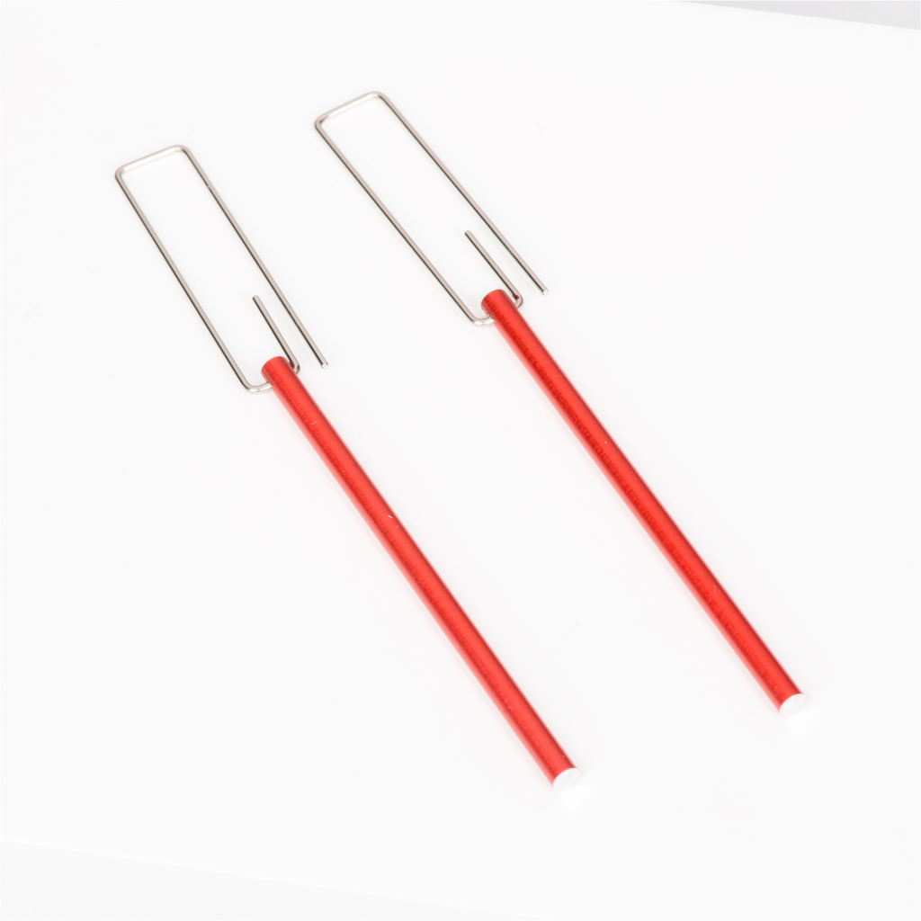 Minimalist stainless steel drop earrings featuring red long bar
