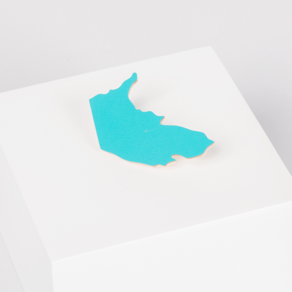 Wooden turquoise brooch in the shape of the Australian Capital Territory 