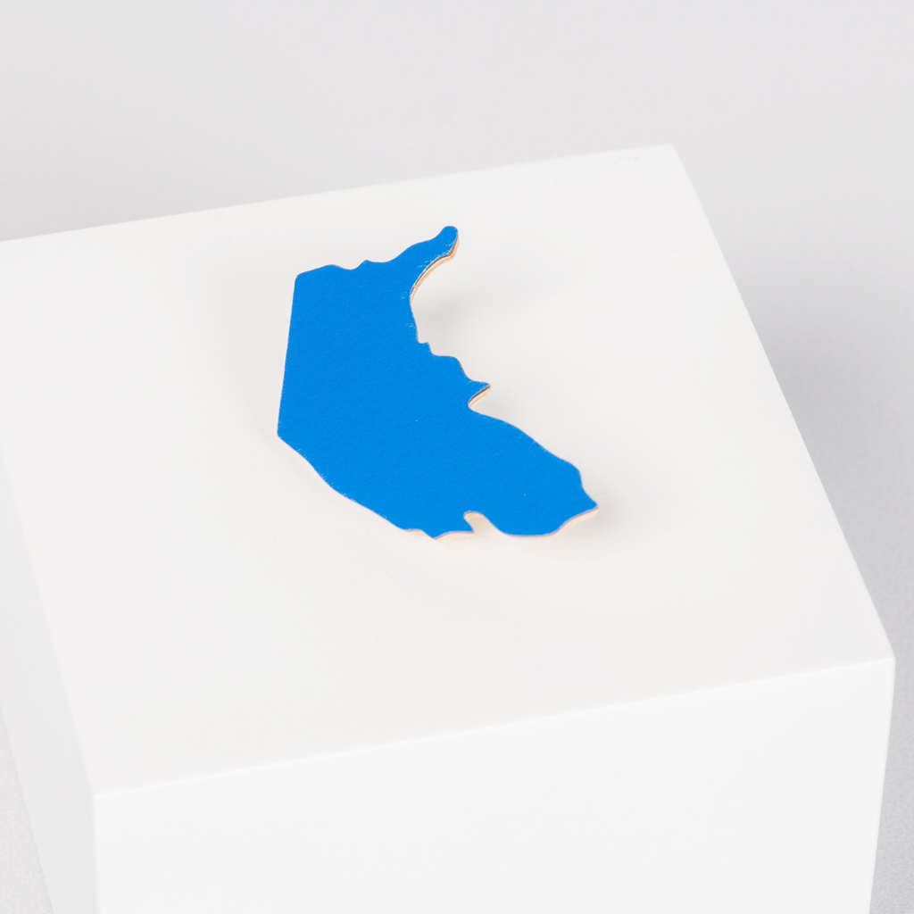 Wooden Blue brooch in the shape of the Australian Capital Territory 