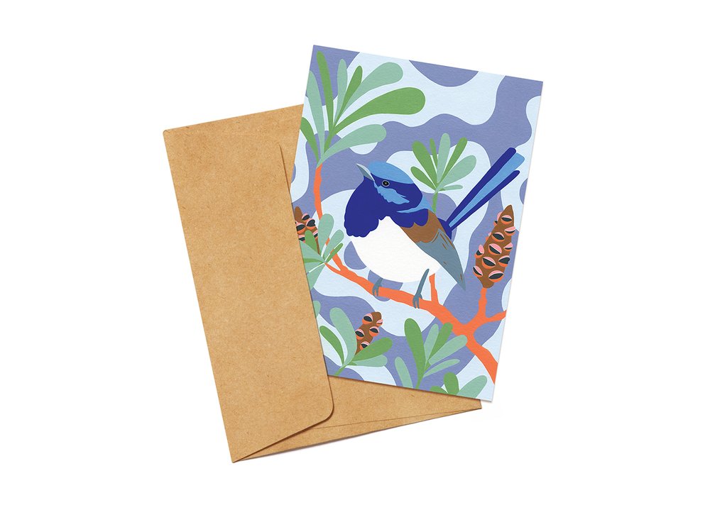 Gift card featuring an illustration of a Superb fairywren and a brown envelope