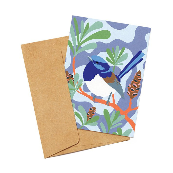 Gift card featuring an illustration of a Superb fairywren and a brown envelope