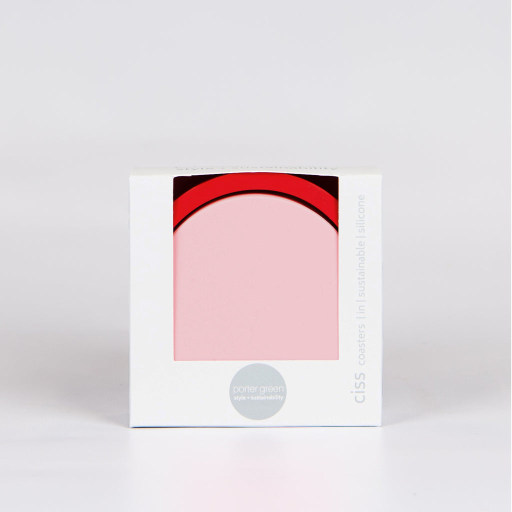 Round pink coasters and a red base in a white box reading 'Porter Green'.