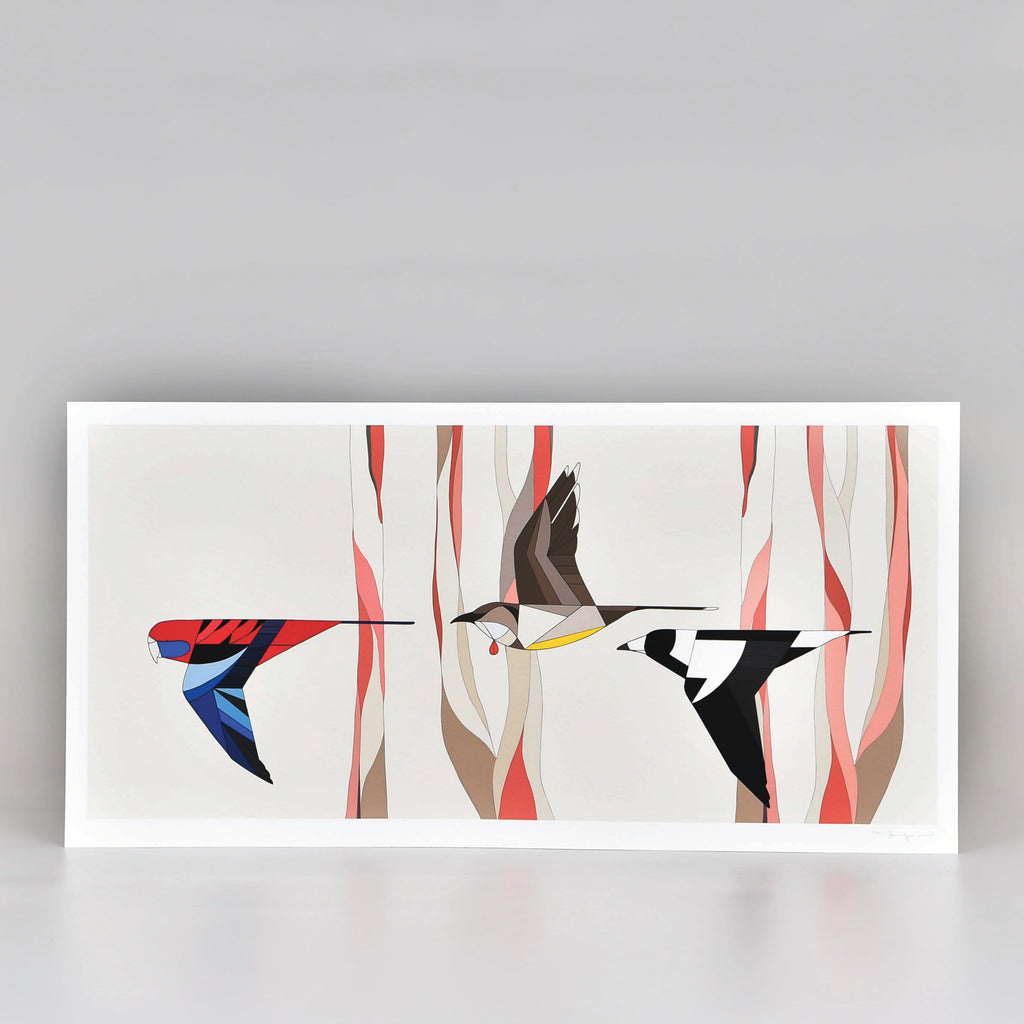 Art print of three colourful birds flying past trees and a white background