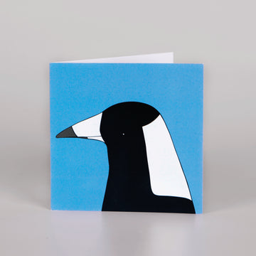 Square gift card with blue background and a magpie
