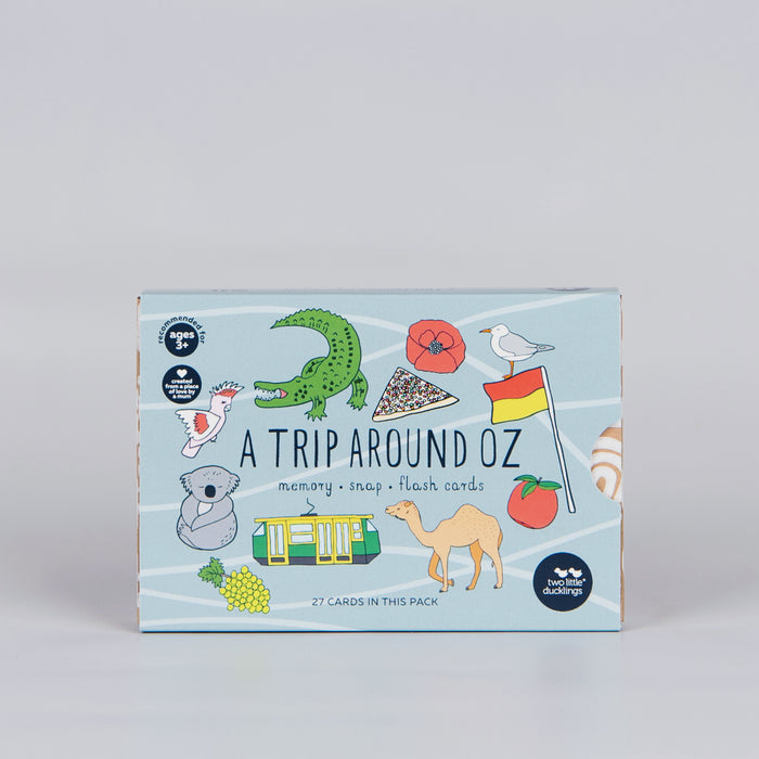Box featuring illustrated Australian animals and the words 'A Trip Around Oz, memory snap, flash, cards'.
