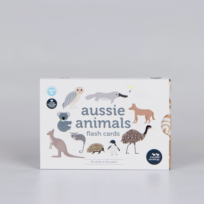 Box featuring illustrated Australian animals and the words 'Aussie animals flash cards'.