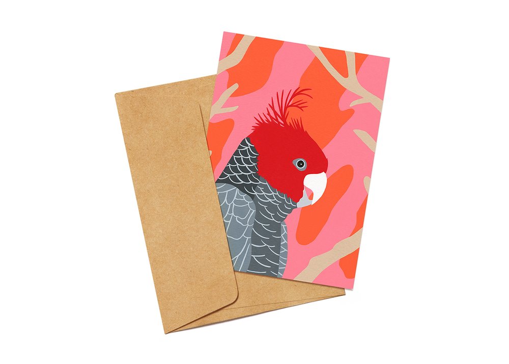 Gift card featuring an illustration of a Gang-Gang Cockatoo and a brown envelope