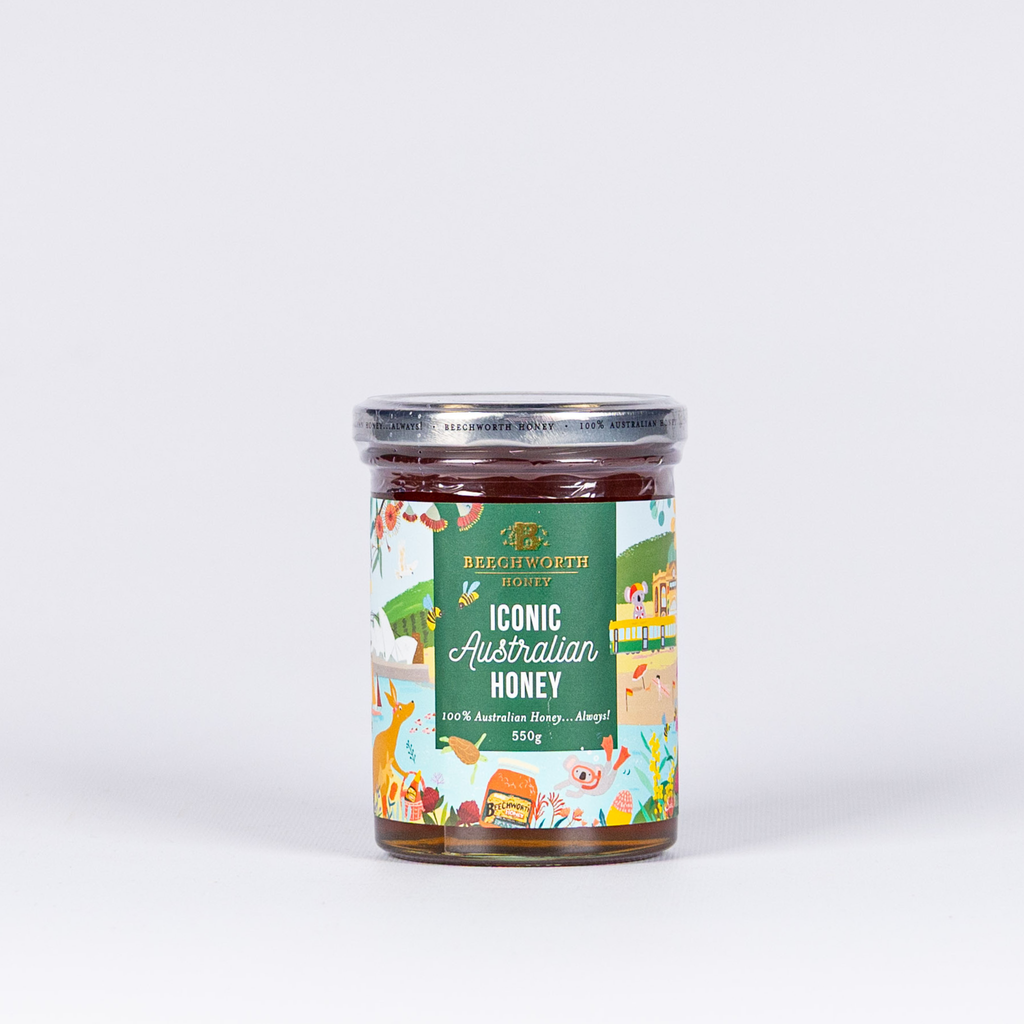 Jar of iconic Australian honey with a colorful label on a white background