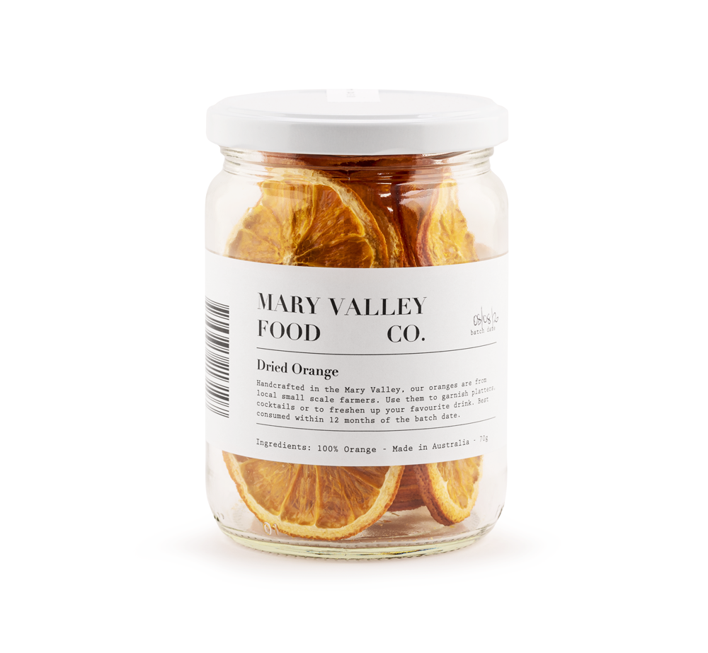 jar of dried oranges from brand Mary Valley food co