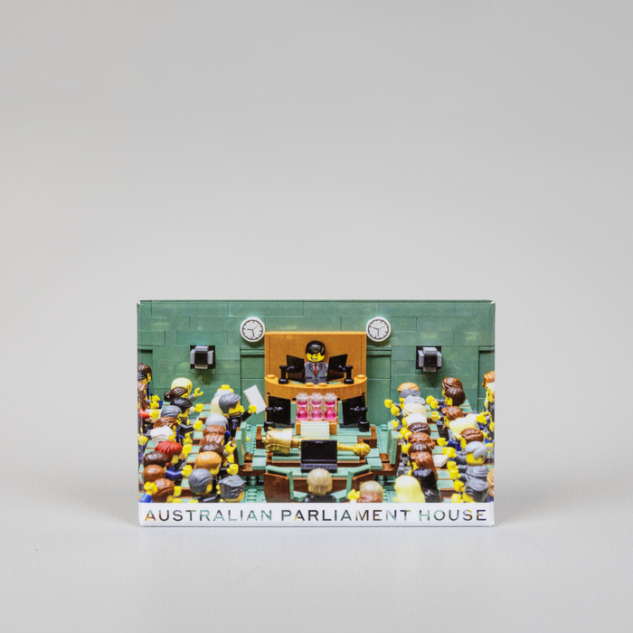 Front of magnet featuring lego house of representatives chamber