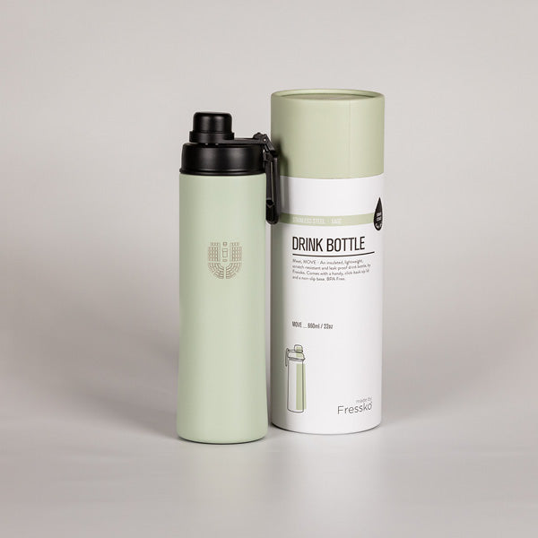 green metal water bottle presented with cylinder box