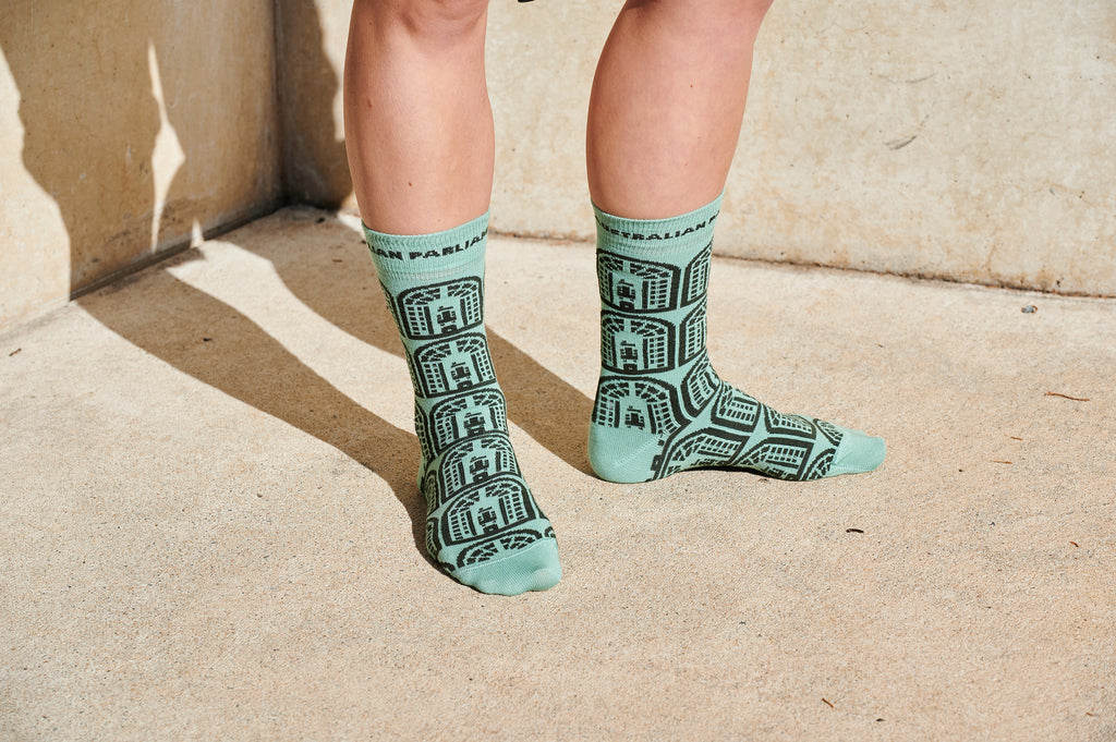 green sock with repeated, dark green house of representative logos on a pair of feet