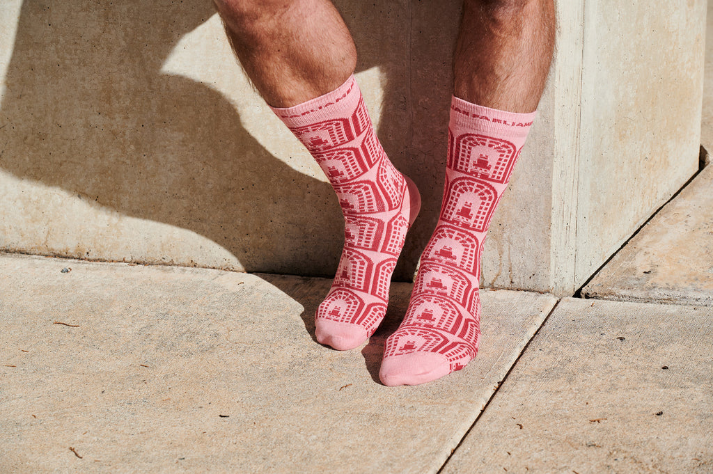 pink sock with repeated, red house of senate logos on a pair of feet
