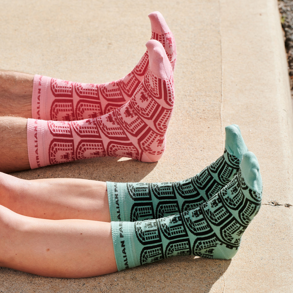 two pairs of feet sitting on the ground. One is wearing pink socks and the other green socks
