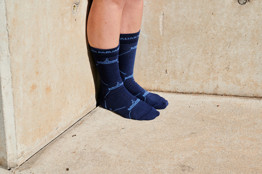 Navy socks with repeated, light blue Parliament House logos on a pair of women's feet.