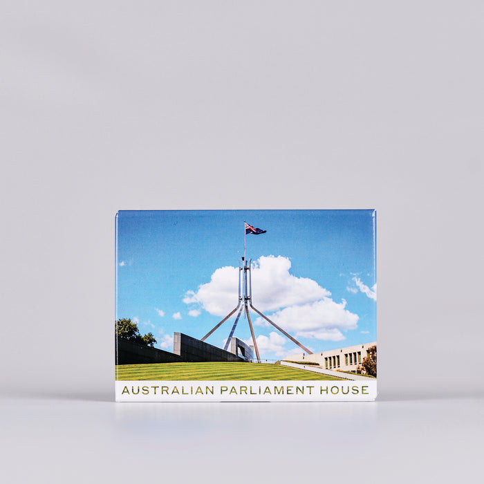 Magnet featuring a photo of the hill and flag pole of Australian Parliament House.