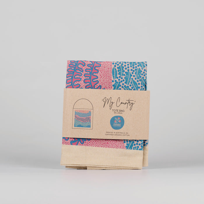 Folded pink and blue tote bag 