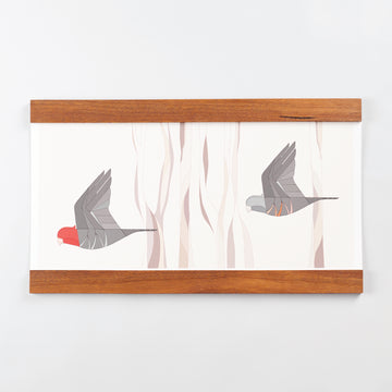 rectangular art print of birds displayed with wooden frame