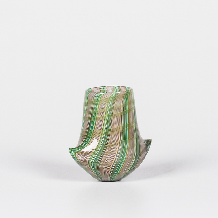Miniature glass vessel with intricate green and brown swirl design