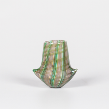 Miniature glass vessel with intricate green and brown swirl design