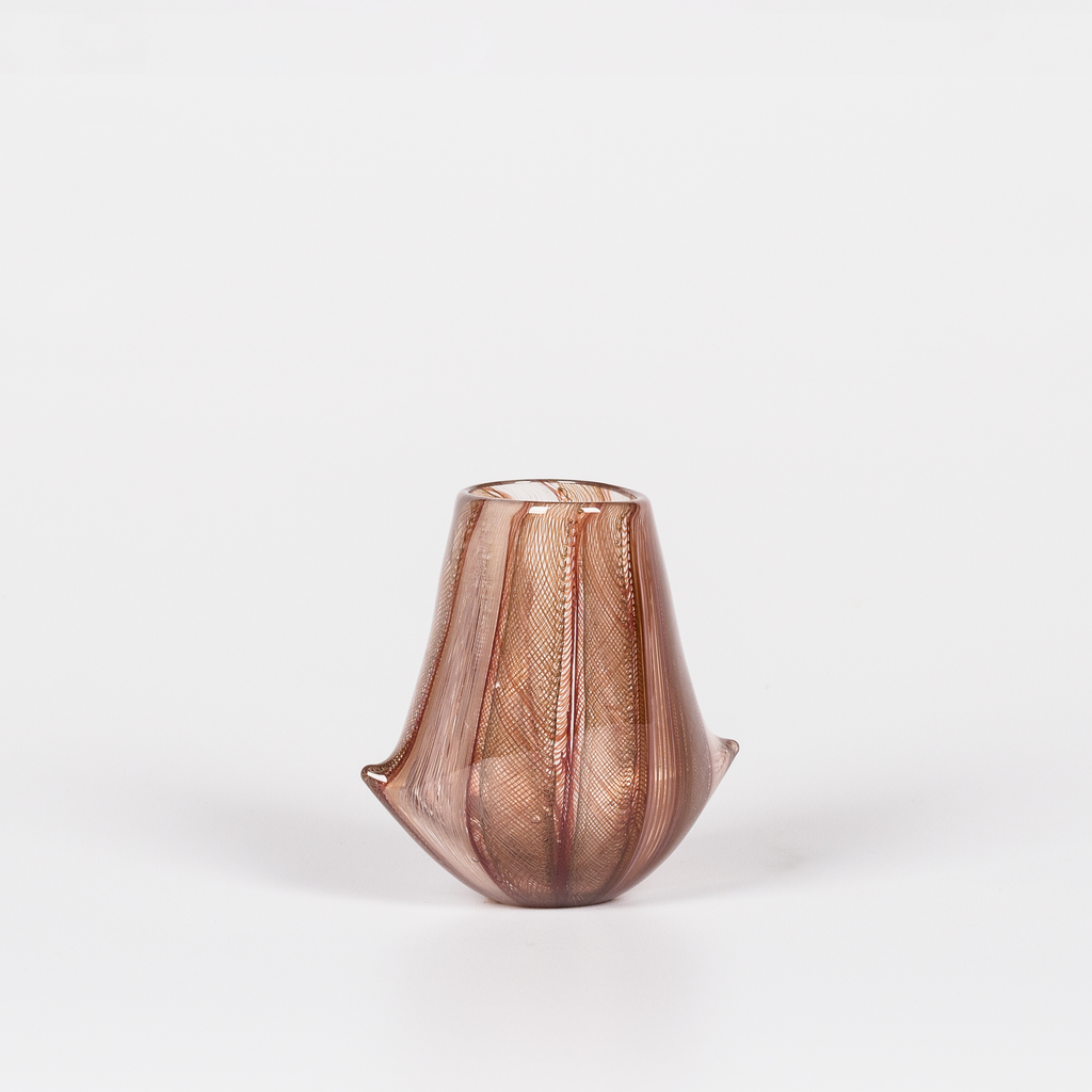 Miniature glass vessel with intricate brown swirl design