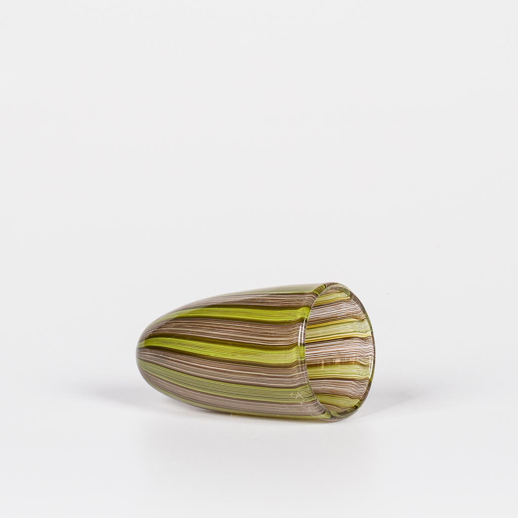 Miniature rounded glass vessel with intricate green and brown swirl design 