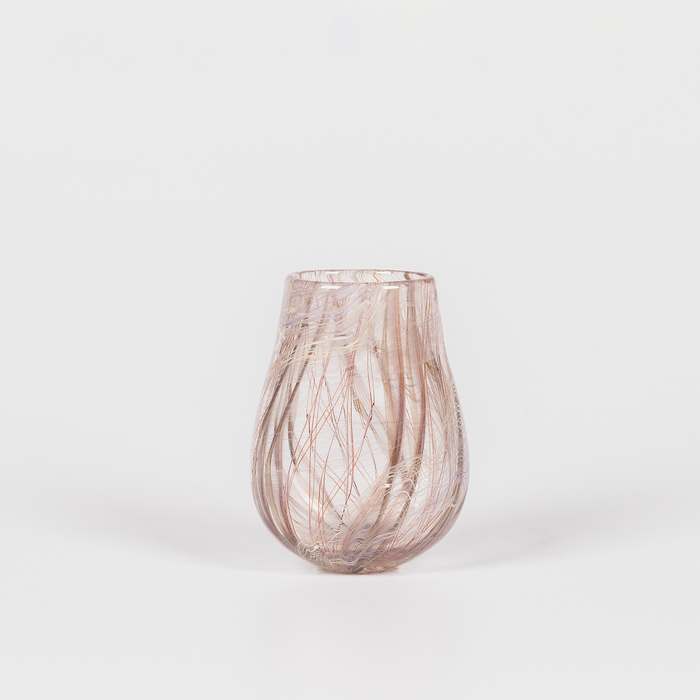 Miniature rounded glass vessel with intricate brown swirl design